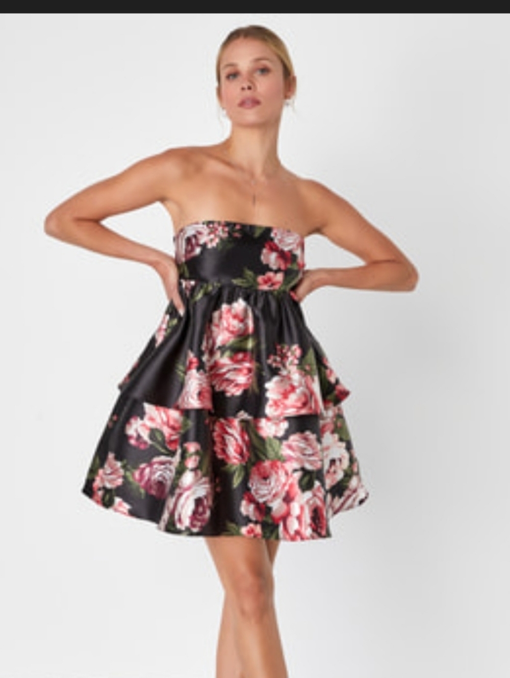 NWT If by the Sea Los Angeles XL Black Pink Rose Floral Taffeta Tiered Dress